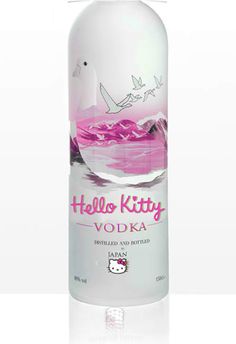 a bottle of hello kitty vodka on a white background with an image of birds flying over the water