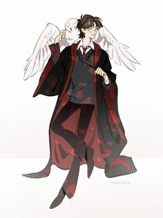 an anime character with wings on his head and in a red robe, holding a white dove