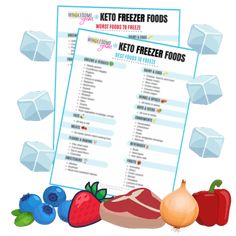 the keto freezer foods list is shown with fruits and vegetables around it, including meat