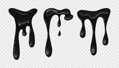 three dripping black liquids on a white background