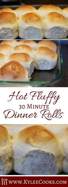 hot puffy dinner rolls are shown in three different pictures, with the title above it