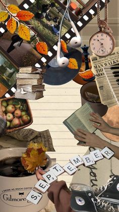 a collage of photos with words spelling out the word autumn and an image of a person's hand holding a book