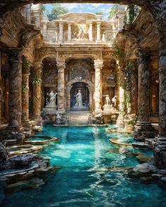 an artistic painting of a pool with statues in the middle and water running through it