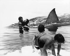 two boys are playing in the water with a shark