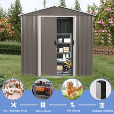 an outdoor storage shed with the door open and pictures showing different features in front of it