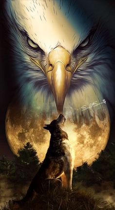 a wolf and an eagle are facing each other in front of a full moon sky