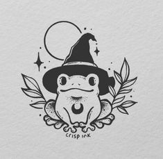 a black and white drawing of a frog wearing a witches hat