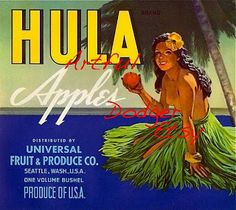 an advertisement for hula apples with a woman in grass skirt and palm trees behind her