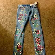 - Straight Legged Jeans ( Curve At The Waist) - Never Worn , Still New With Tags - Flower Design That Runs Across The Front And Back - Dont Mistake The Size, The Size Is A Standard Size S But The Length Of The Jeans Run That Long - Dm For More Pics - Price Negotiable Painting Jeans, Straight Legged Jeans, Burgundy Jeans, Velvet Jeans, Painted Jeans, Denim Pocket, Destroyed Jeans, Straight Fit Jeans