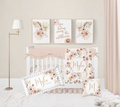 "Made just for your baby girl, you're going to LOVE this baby girl personalized boho crib bedding set! Perfect for any baby girl crib bedding, personalize this boho floral crib bedding set with your baby girl name and monogram initial on these personalized baby girl nursery bedding pieces for an adorable addition to your boho nursery, neutral nursery, or floral nursery! Filled with gorgeous watercolor boho floral bouquets, leaves, and flowers, all in varying neutral shades and tones, this baby g Floral Boho Nursery, Boho Crib Bedding, Boho Crib, Baby Girl Crib Bedding Sets, Ruffle Crib Skirt, Floral Crib Bedding, Girl Crib Bedding