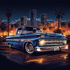 an old blue truck parked in front of a city at night with palm trees and skyscrapers