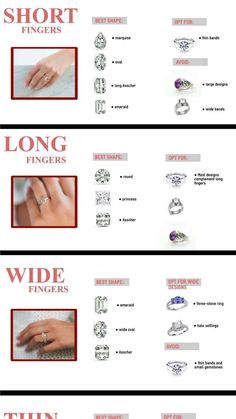 three different types of diamond rings and their price tags are shown in red, white and blue