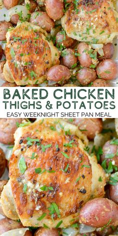 baked chicken thighs and potatoes with herbs on top