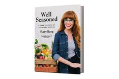 a woman standing in front of a crate filled with fruit and vegetables on the cover of well seasoned