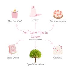 the self care tips in islamm is shown on a white background with pink lettering