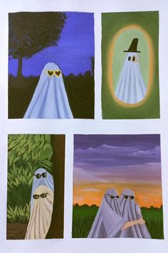 four pictures of ghost faces in different colors