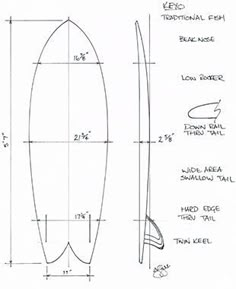 a drawing of a surfboard with measurements for the top and bottom sections, along with other details