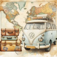 an old vw bus with luggage in front of it and a world map behind it