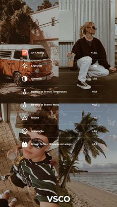 two different views of a man sitting on a bench next to the ocean and an orange van