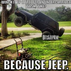 a truck is upside down in the air with words below it that read, because jeeps win