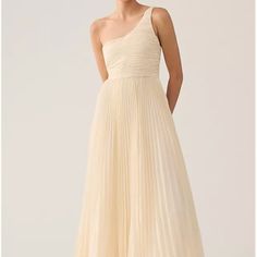 A Stunning Feminine Aesthetic Dress. Chic Beige Midi Dress With Pleated Bodice, Spring One-shoulder Midi Dress With Ruched Bodice, Spring One Shoulder Midi Dress With Ruched Bodice, White Midi Dress With Pleated Bodice For Casual Wear, Feminine White Dress With Ruched Bodice, Beige Pleated Bodice Summer Dress, White Spring Dress With Pleated Bodice, Chic One-shoulder Dress With Pleated Bodice, Casual White Pleated Dresses