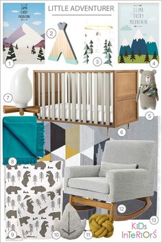 a baby's nursery room with various items including a crib, rocking chair and rug