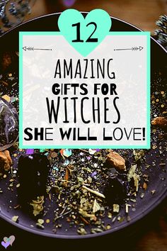 a black plate topped with lots of different types of food and text reading 12 amazing gifts for witches she will love