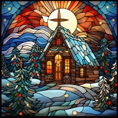 a stained glass window with a church in the snow and trees on it's side