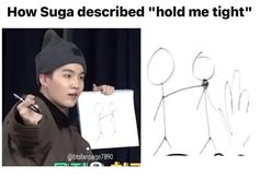 a person holding a pen and drawing on a piece of paper with the caption how suga described hold me tight