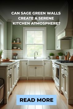 Farmhouse kitchen with sage green walls Grey Kitchen Cabinets Green Walls, Green Paint Kitchen Walls, Kitchen With Butcher Block Counters, Kitchen Dining Room Combo