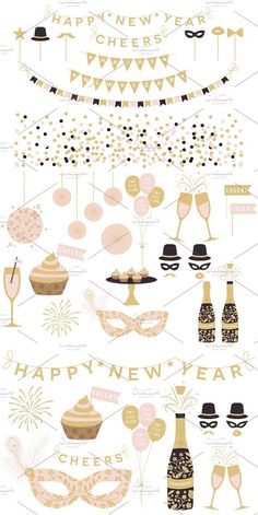 new year's eve party clipart with champagne glasses, cake and confetti