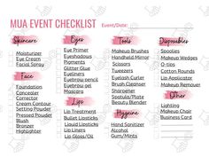 Don't forget a thing! Mark off each item off of your list as you prepare for your event! Freelance Makeup Artist Business, Event Checklist, Makeup Artist Business Cards, Freelance Makeup Artist, Makeup List, Makeup Artist Business, Makeup Artist Tips, Brush Cleanser, Beauty Marketing