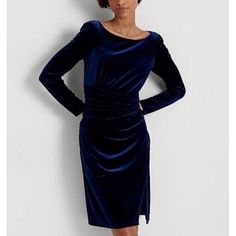 Lauren Ralph Lauren Women's Velvet Midi Cocktail Dress Size: 8 Color: Navy Stretch-Infused Velvet For An Elegant Drape Subtle Sheen Body-Skimming Dress Pleating At The Waist Puffed Sleeves Polyester/ Elasthane Blend Retail $195 Underarm To Underarm 19.5" Collar To Bottom 39" T1066 Ralph Lauren Fall Workwear Dresses, Chic Ralph Lauren Cocktail Dress, Chic Formal Midi Dress By Ralph Lauren, Ralph Lauren Elegant Midi Dress, Chic Ralph Lauren Formal Midi Dress, Elegant Knee-length Ralph Lauren Dress, Elegant Ralph Lauren Cocktail Dress, Ralph Lauren Formal Midi Dress, Ralph Lauren Elegant Cocktail Dress