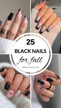 Nail Ideas With Black Polish, Cute Nails Elegant, Fun Black French Tip Nails, Nail Art Designs For Party, Classy Black Nails Coffin, Black Tip Glitter Nails, All Black French Tip Nails, Black Color Nail Art Design, Fall Black And White Nails