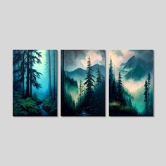 three paintings depicting mountains, trees and clouds