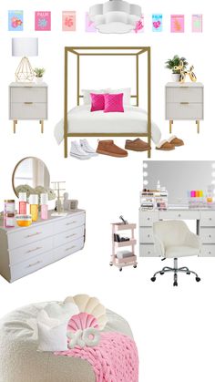 a bedroom with white furniture and pink accents