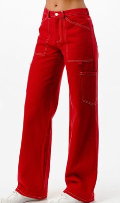 Colored cargo pants with white contrasting white stitching and a straight leg fit. Red Pants Women, Red Pants Aesthetic, Full Red Outfit, Red Cargo Pants Outfit, Barrel Costume, Red Cargos, Cotton Pants Outfit, Red Jeans Outfit, Caro Pants