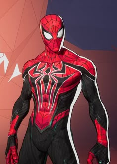 a drawing of a spider man standing in front of a red and black background with white lines