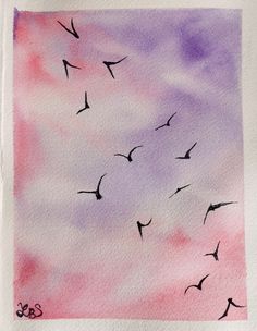 watercolor painting of birds flying in the sky with pink, purple and blue colors