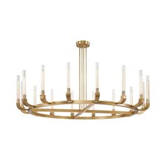 a large brass chandelier with clear glass tubes