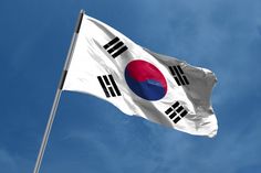 the flag of south korea is flying high in the blue sky with white and black stripes