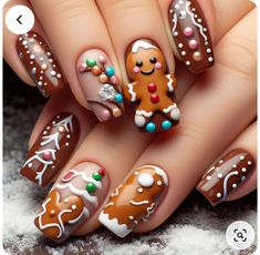 Gingerbread Acrylic Nails, Christmas Cookie Nails, Gingerbread Nails Acrylic, Christmas Character Nails, Nails Square Christmas, Gingerbread Nail Art, Christmas Nails Gingerbread, Gingerbread Man Nails