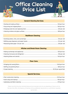 the office cleaning price list is shown