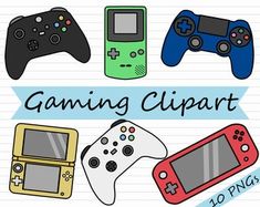 a bunch of game controllers sitting on top of a piece of paper with the words gaming clipart