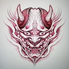 a drawing of a demon mask with red eyes