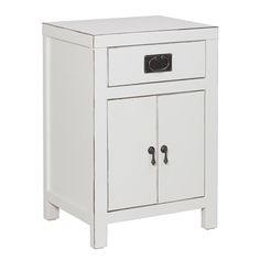 a white cabinet with two doors on the front and one door open to reveal a keyhole