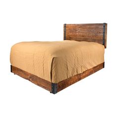 a bed with a wooden frame and headboard made out of pallet wood, on a white background