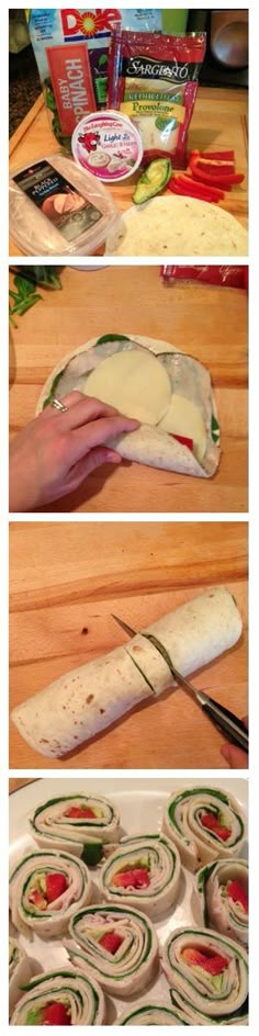 the process of making an appetizing sandwich is shown in three different stages, including roll - ups and sandwiches