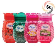 four different types of hand sanitizers in various colors and sizes, each with the same