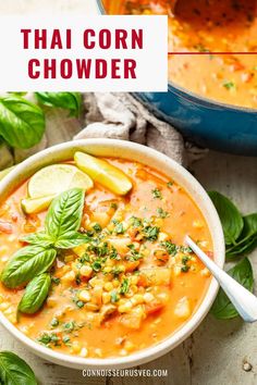 thai corn chowder in a bowl with basil and lime